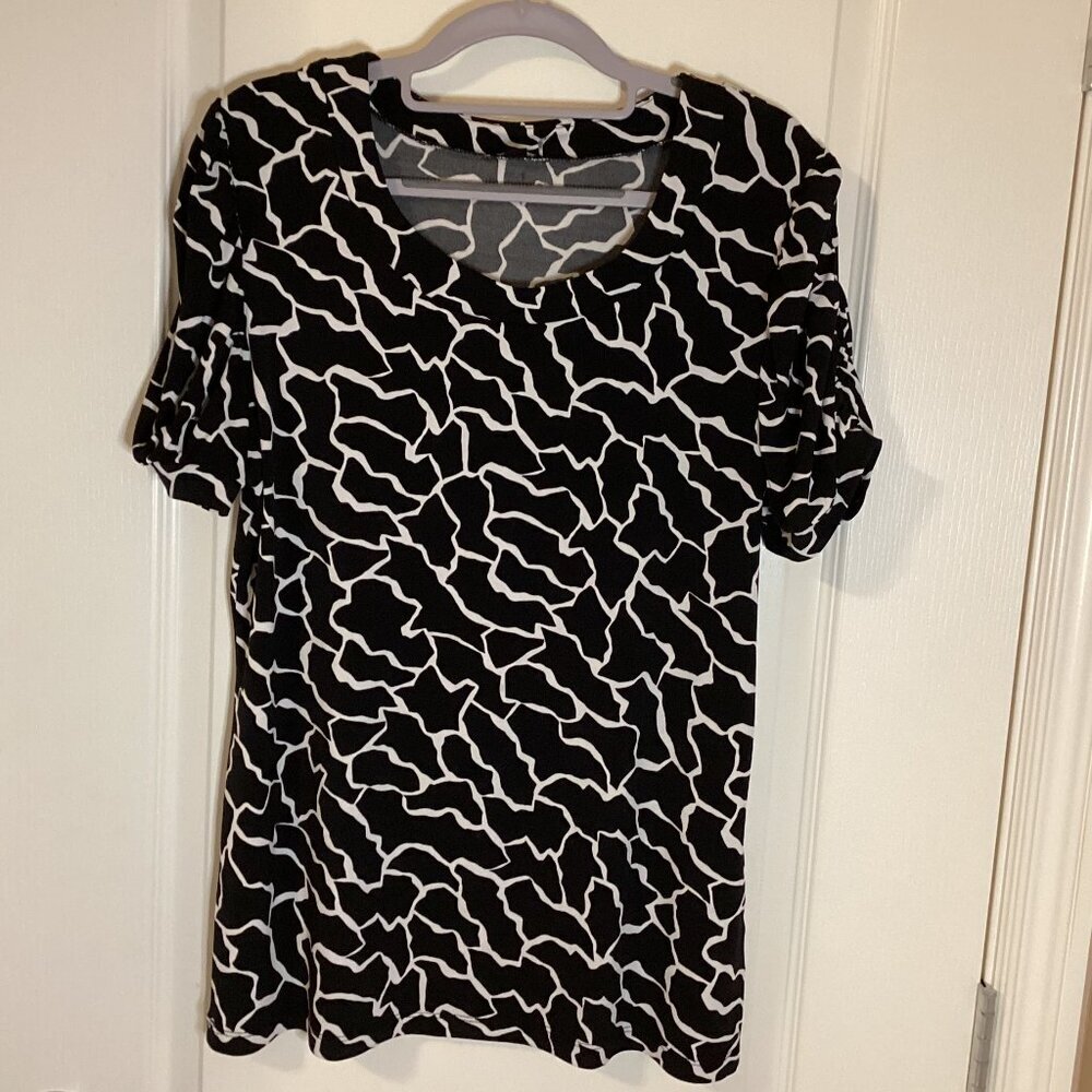 Nine West Women's Blouse Size L Black White Short Sleeve Stretchy Top
